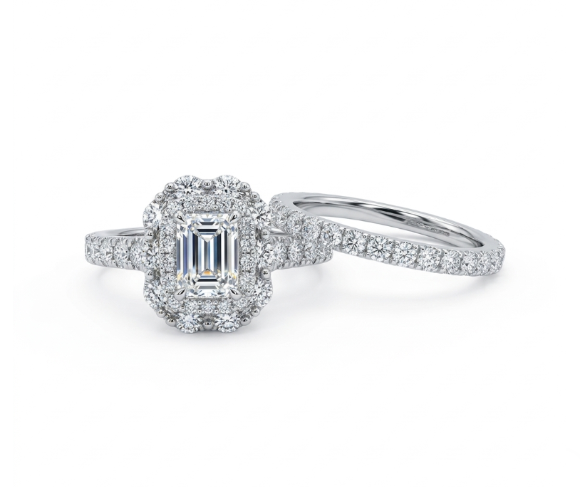 Emerald Cut Lab-Grown Diamond Halo Bridal Ring Set | 14K White Gold | Engagement Ring Set | Double Pavé Bands - Brownee Jewelers