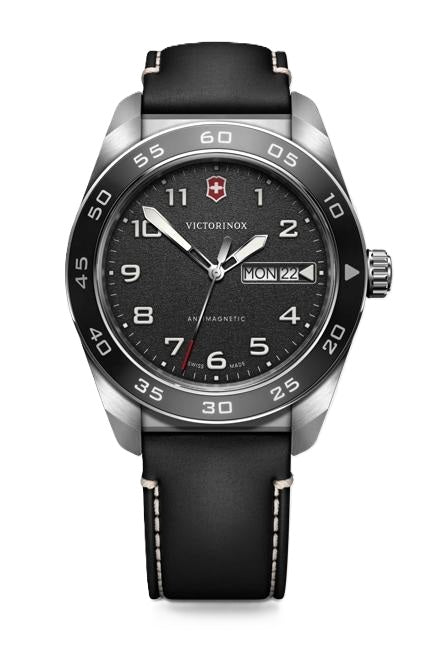 VictorInox Swiss Army Watch with a Black Dial, Black Leather Strap, and 42mm Stainless Steel Black Case