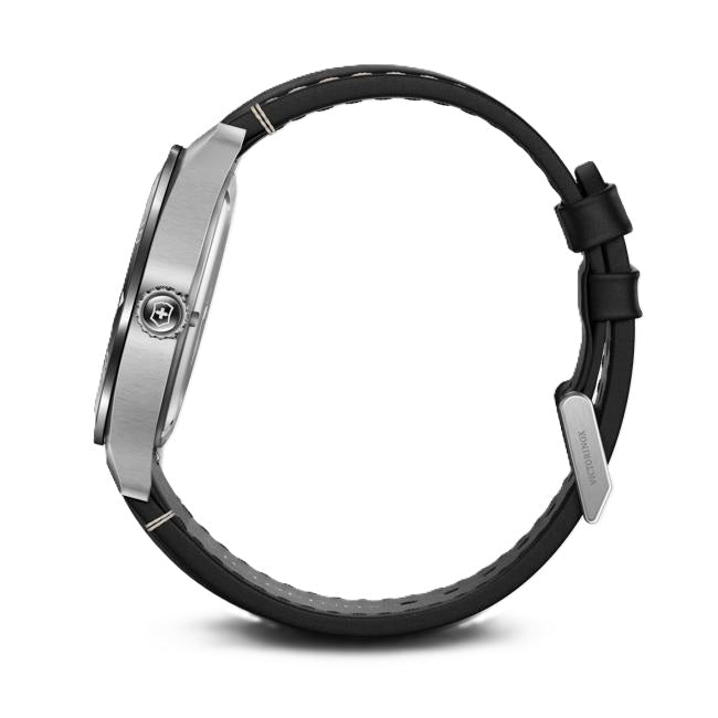 VictorInox Swiss Army Watch with a Black Dial, Black Leather Strap, and 42mm Stainless Steel Black Case