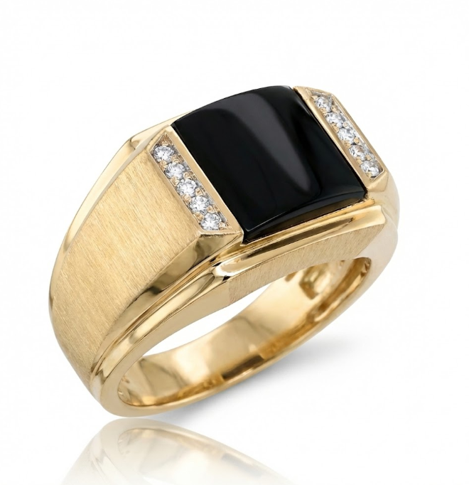 10K Yellow Gold Square Black Onyx & Diamond Gentlemen’s Ring – Size 10