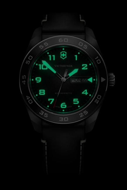 VictorInox Swiss Army Watch with a Black Dial, Black Leather Strap, and 42mm Stainless Steel Black Case