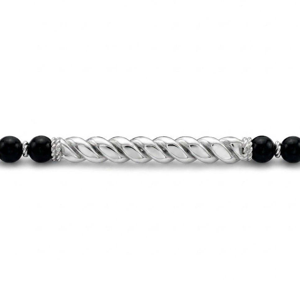 Black Onyx Bead Bracelet | Sterling Silver | Men's Bracelet | Rhodium-Finished Twisted Center Bar | 8mm Black Onyx | 8 Inches | Lobster Clasp - Brownee Jewelers