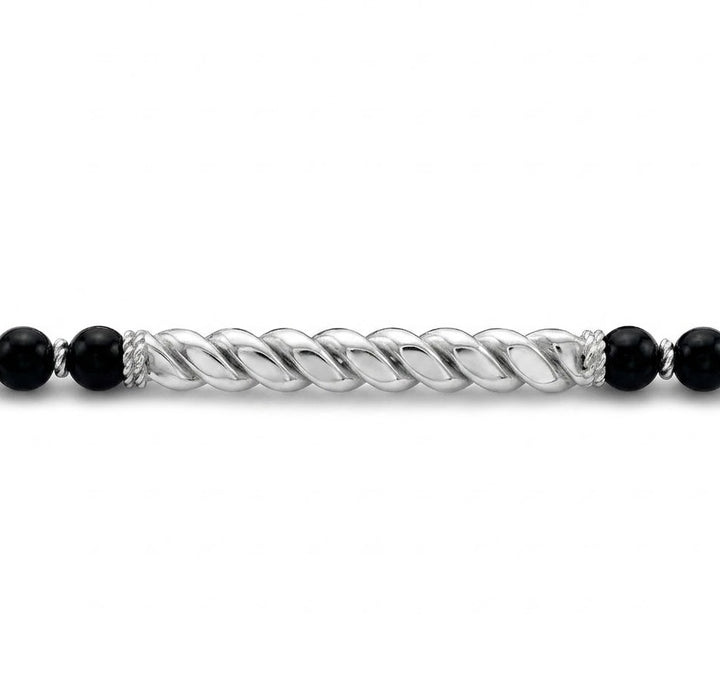 Black Onyx Bead Bracelet | Sterling Silver | Men's Bracelet | Rhodium-Finished Twisted Center Bar | 8mm Black Onyx | 8 Inches | Lobster Clasp - Brownee Jewelers