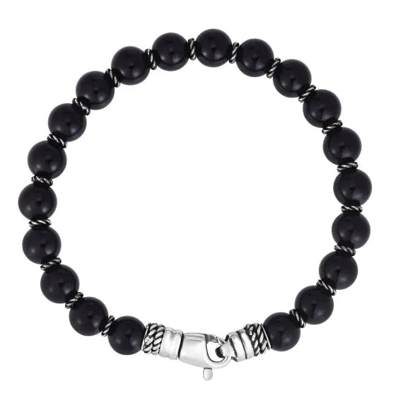 Black Onyx Bead Bracelet | Sterling Silver | Men's Bracelet | 7.5mm Black Onyx Beads | Oxidized Finish | 8.25 Inches | Lobster Clasp - Brownee Jewelers