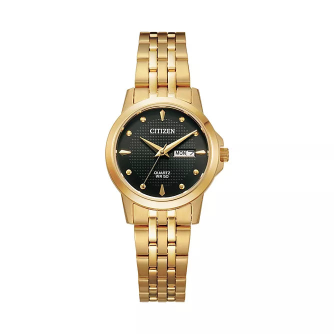 Citizen Ladies Gold-Tone Stainless Steel with Black Dial and Gold Hands and Markers Watch