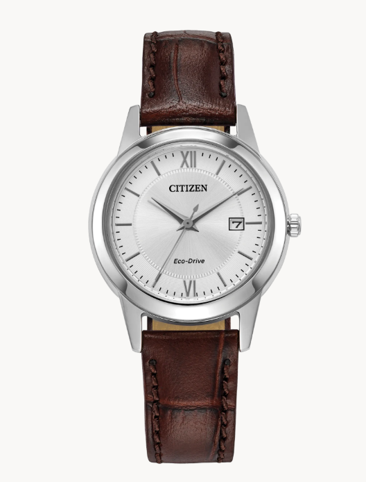 Citizen Classic | Women's Eco-Drive Watch | Silver-Tone Stainless Steel | White Dial | Brown Leather Strap | FE1087-28A - Brownee Jewelers