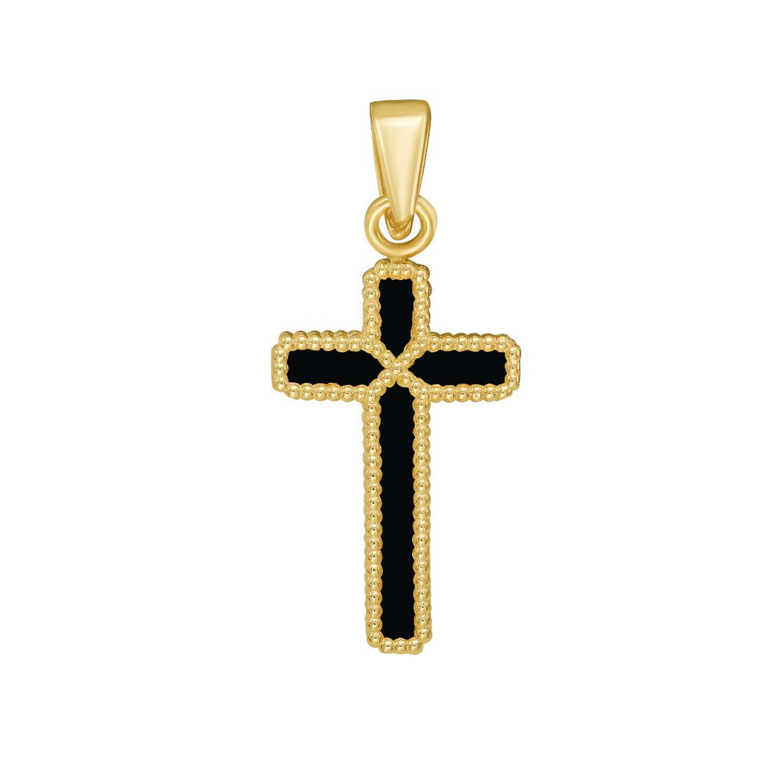 Reversible Black Onyx Cross Pendant Charm with Beaded Frame in 14K Yellow Gold