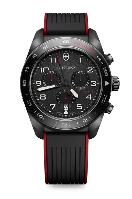 VictorInox Swiss Army Chronograph Watch with a Black Dial, Black & Red Rubber Strap, and a 42mm Brushed Stainless Steel Case