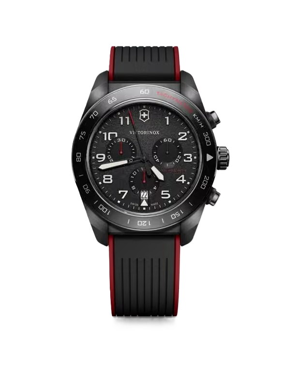 VictorInox Swiss Army Chronograph Watch | 42mm Case | Black Dial | Black & Red Rubber Strap | 242051 - Brownee Jewelers