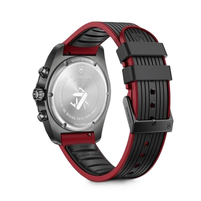 VictorInox Swiss Army Chronograph Watch with a Black Dial, Black & Red Rubber Strap, and a 42mm Brushed Stainless Steel Case