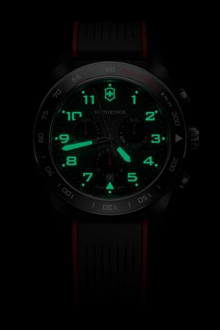 VictorInox Swiss Army Chronograph Watch with a Black Dial, Black & Red Rubber Strap, and a 42mm Brushed Stainless Steel Case
