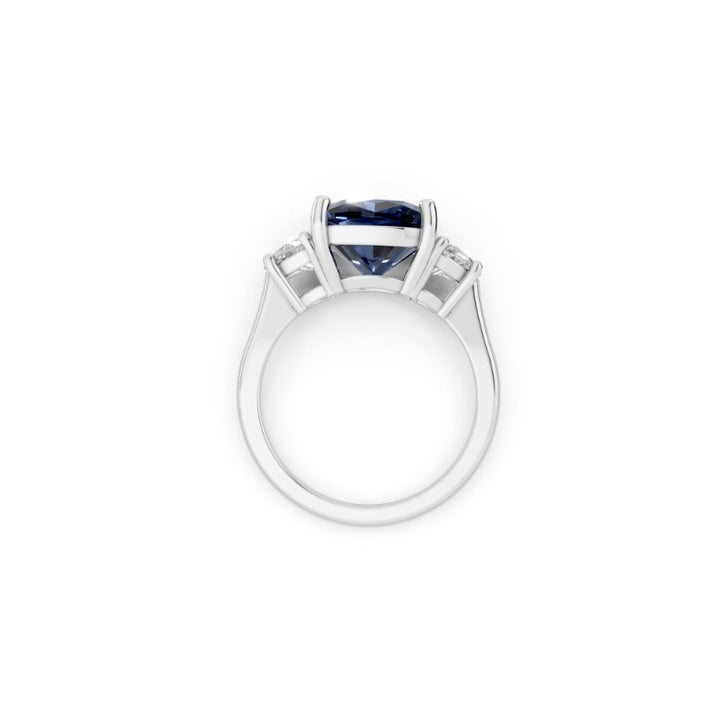 Blue Cushion-Cut Lab-Grown Diamond Ring | 14K White Gold | 6.62 ctw | Half-Moon Lab-Grown Diamond Accents | Three-Stone Design - Brownee Jewelers