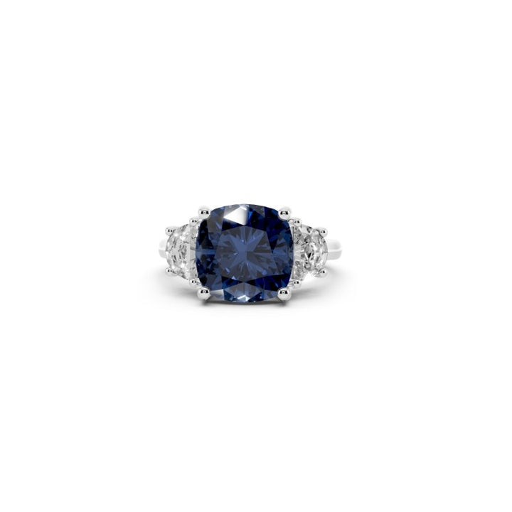 Blue Cushion-Cut Lab-Grown Diamond Ring | 14K White Gold | 6.62 ctw | Half-Moon Lab-Grown Diamond Accents | Three-Stone Design - Brownee Jewelers
