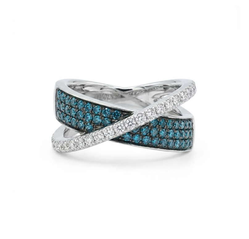 Blue & White Diamond Crisscross Ring | 14K White Gold | 0.72 ctw Diamond Ring | Pavé Wrap Design - Brownee Jewelers