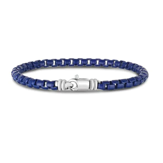 Blue Enamel Box Link Bracelet | Sterling Silver | Men's Bracelet | 5mm Box Link Design | 8.5 Inches | Lobster Clasp - Brownee Jewelers