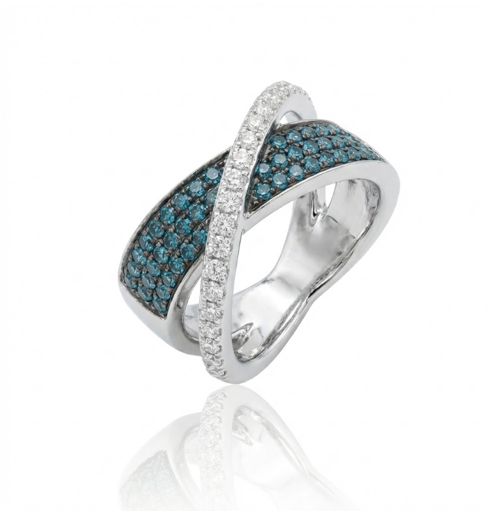 Blue & White Diamond Crisscross Ring | 14K White Gold | 0.72 ctw Diamond Ring | Pavé Wrap Design - Brownee Jewelers