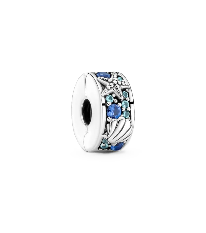 Pandora Starfish and Shell Clip Charm in Sterling Silver with Blue Cubic Zirconia Accents