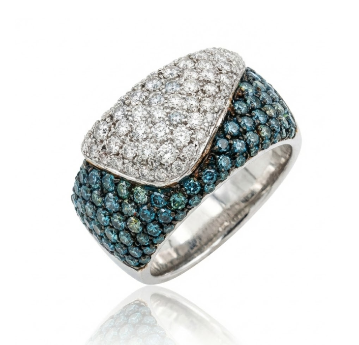 Blue & White Diamond Statement Ring | 18K White Gold & Black Rhodium | Pavé Diamond Ring | Bold Fashion Design - Brownee Jewelers