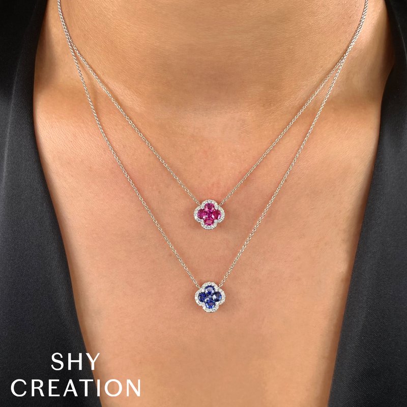 1.14 TOTAL CARAT WEIGHT BLUE SAPPHIRE & .16 TOTAL CARAT WEIGHT DIAMOND CLOVER NECKLACE IN 14K WHITE GOLD