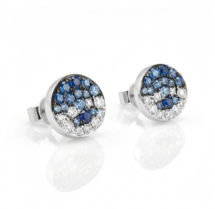 Blue Sapphire & Diamond Pavé Disc Stud Earrings