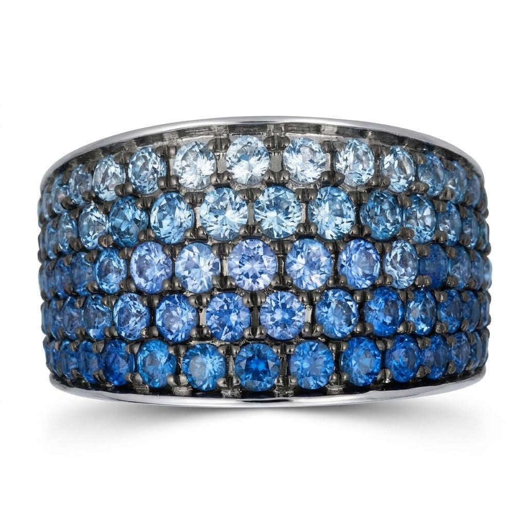 2.30 TOTAL CARAT WEIGHT ROUND DENIM BLUE SAPPHIRE OMBRE WIDE RING IN 14K WHITE GOLD 