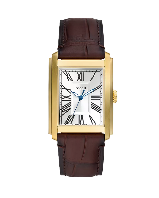 Carraway Three-Hand Watch | Fossil | Gold-Tone Stainless Steel | Silver Dial | Brown Croco Leather Strap - Brownee Jewelers