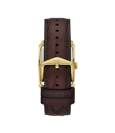 Carraway Three-Hand Watch | Fossil | Gold-Tone Stainless Steel | Silver Dial | Brown Croco Leather Strap - Brownee Jewelers