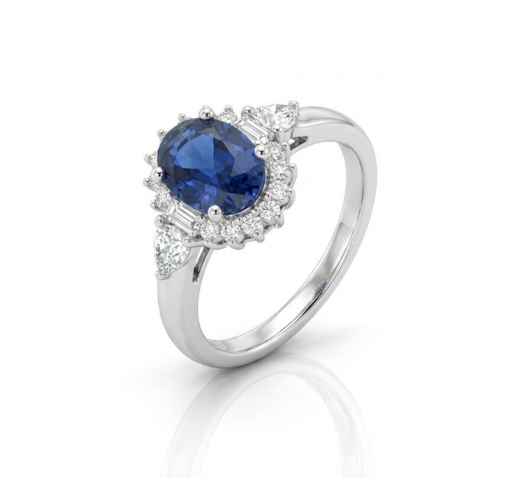 Oval Sapphire & Lab-Grown Diamond Halo Ring | 1.50 ct Sapphire | 0.40 ctw Diamonds | 10K White Gold - Brownee Jewelers