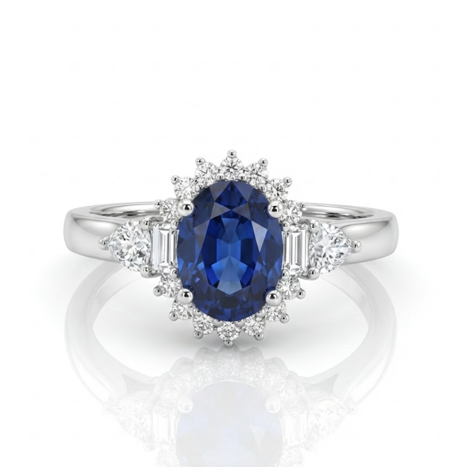 Oval Sapphire & Lab-Grown Diamond Halo Ring | 1.50 ct Sapphire | 0.40 ctw Diamonds | 10K White Gold - Brownee Jewelers