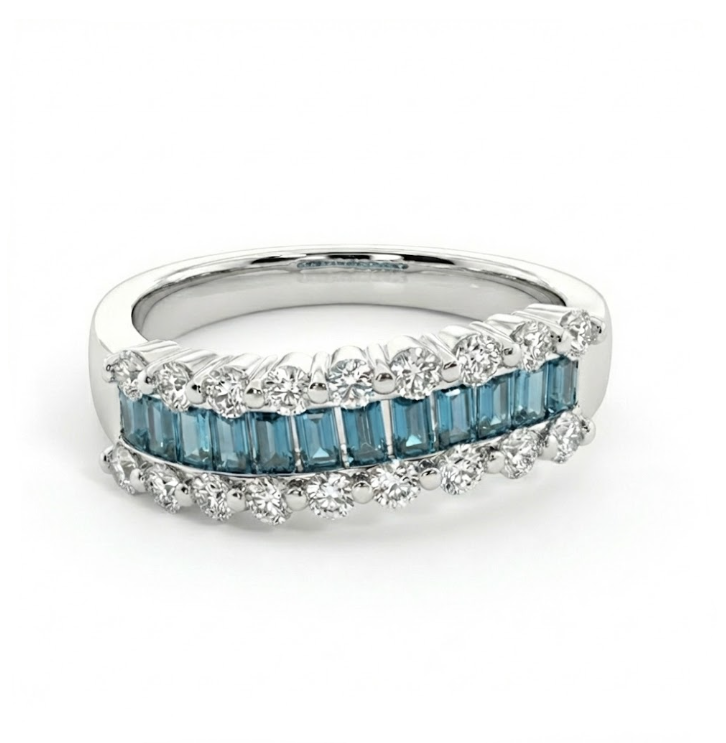 Blue & White Diamond Band | 1.40 ctw | 14K White Gold | Baguette & Round Diamond Ring - Brownee Jewelers