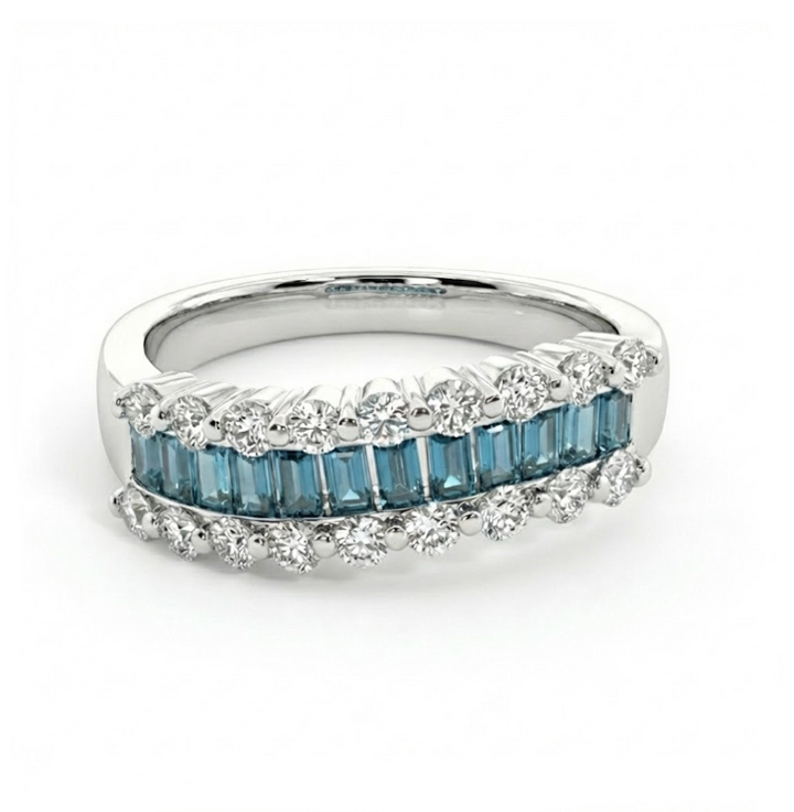 Blue & White Diamond Band | 1.40 ctw | 14K White Gold | Baguette & Round Diamond Ring - Brownee Jewelers