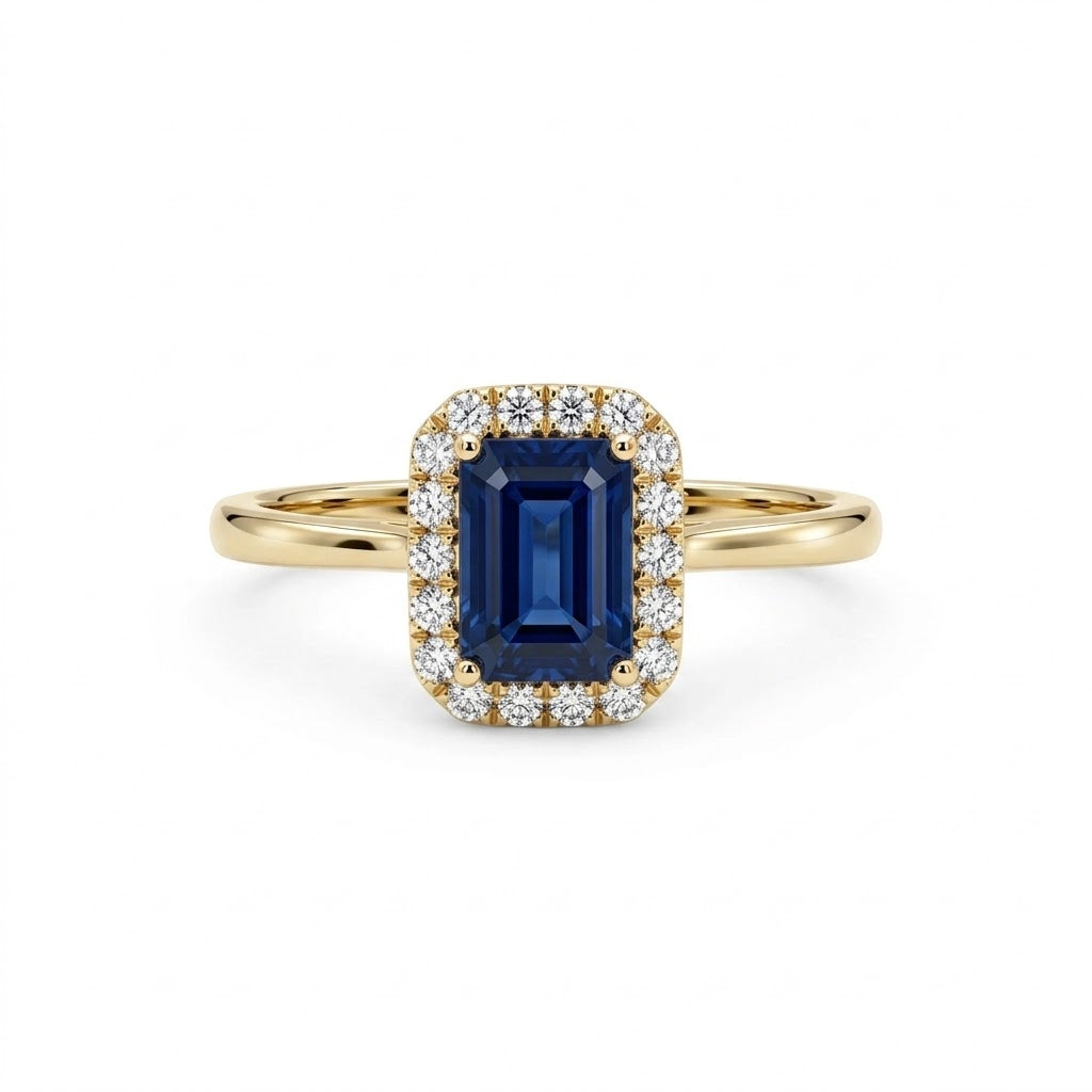 Cushion-Cut Blue Sapphire with Round Diamond Accents in a Halo Ring