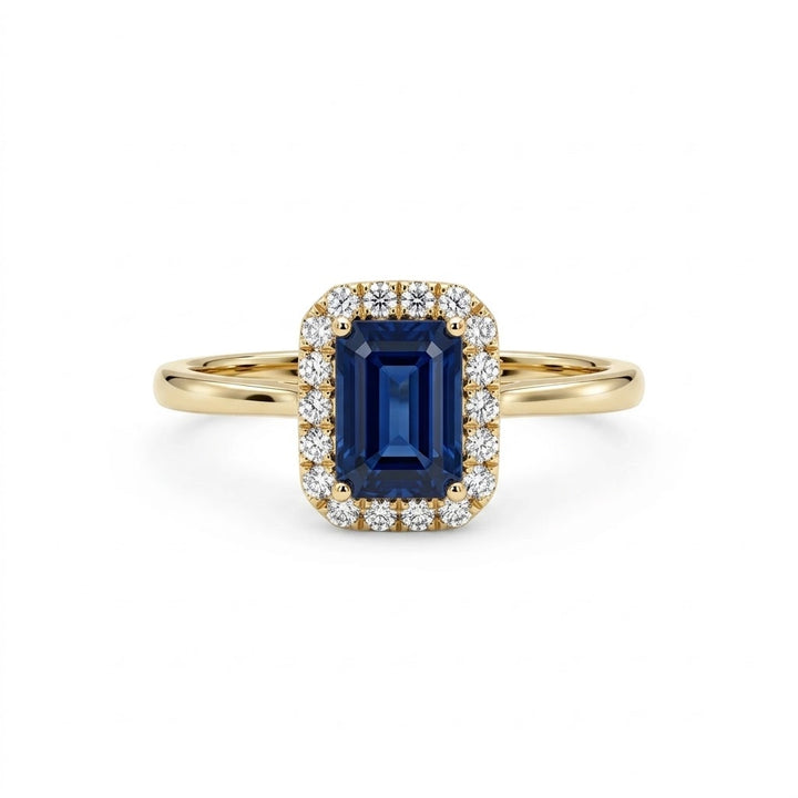 Cushion-Cut Blue Sapphire with Round Diamond Accents in a Halo Ring
