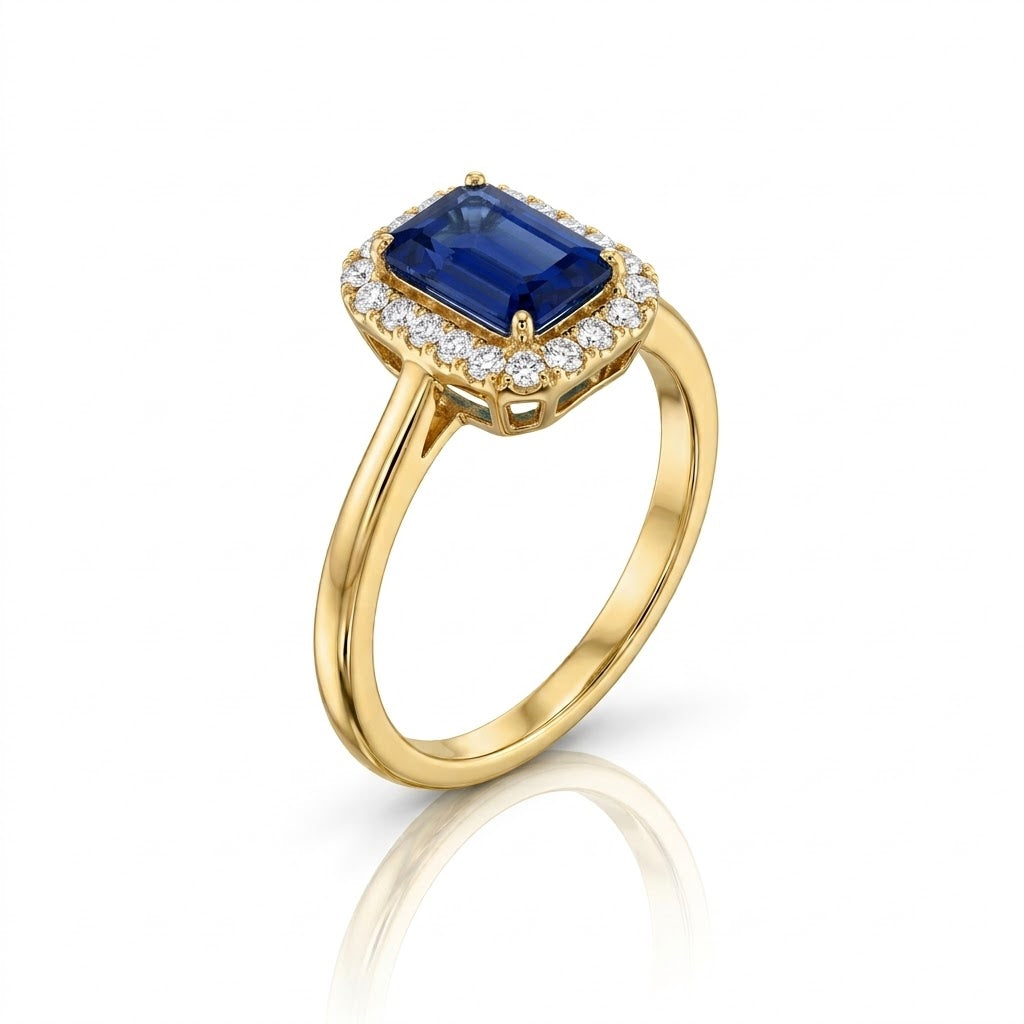 Cushion-Cut Blue Sapphire with Round Diamond Accents in a Halo Ring