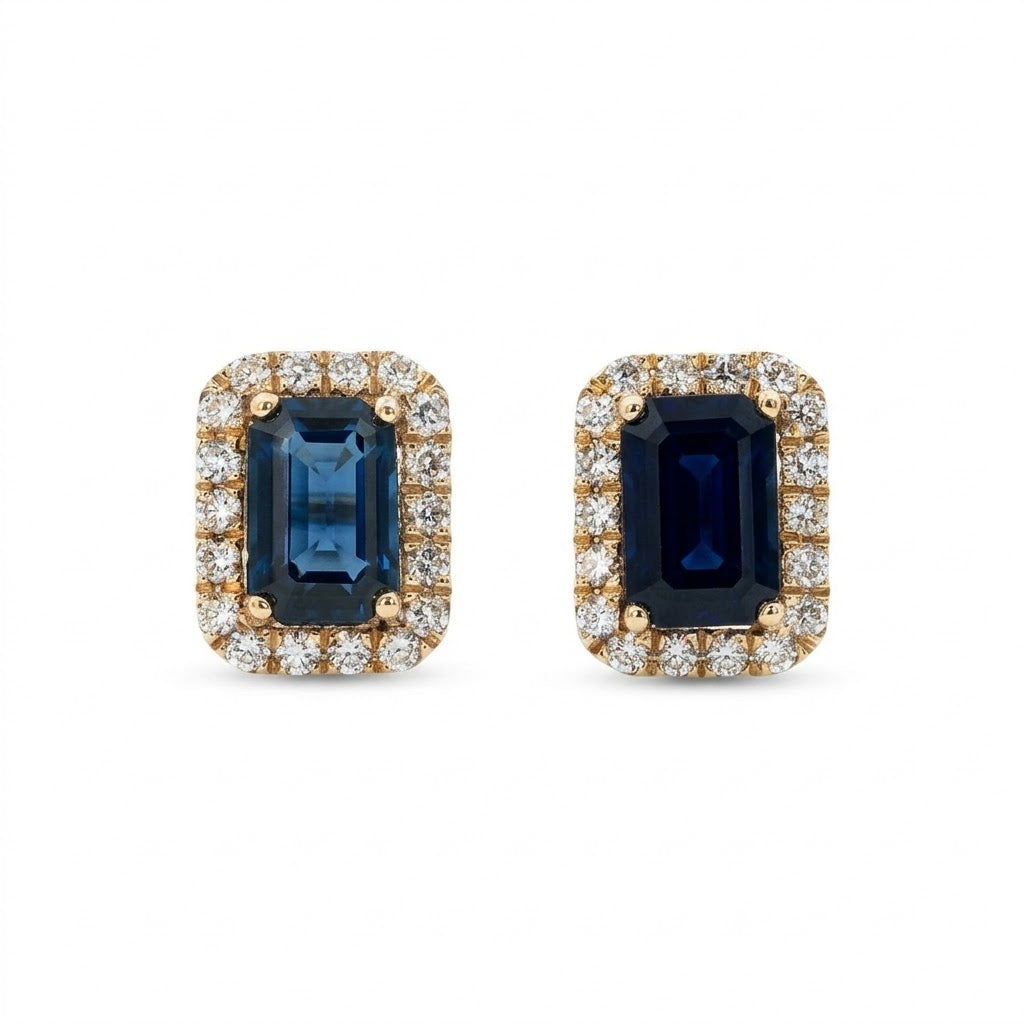 Cushion-Cut Blue Sapphire with Round Diamond Halo Stud Earrings in 14kt Yellow Gold