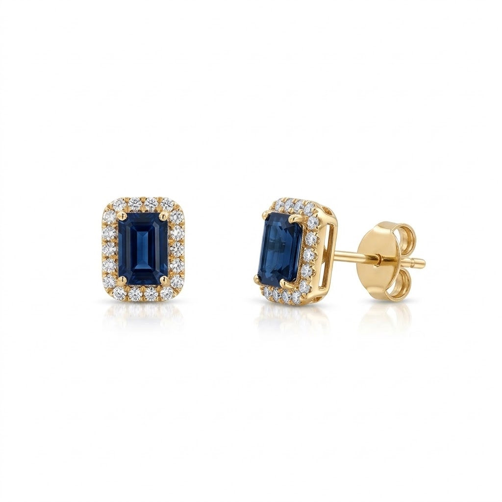 Cushion-Cut Blue Sapphire with Round Diamond Halo Stud Earrings in 14kt Yellow Gold