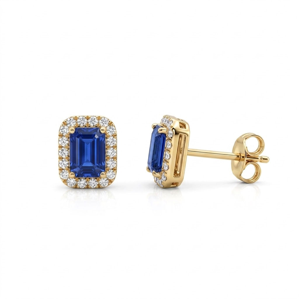 Cushion-Cut Blue Sapphire with Round Diamond Halo Stud Earrings in 14kt Yellow Gold