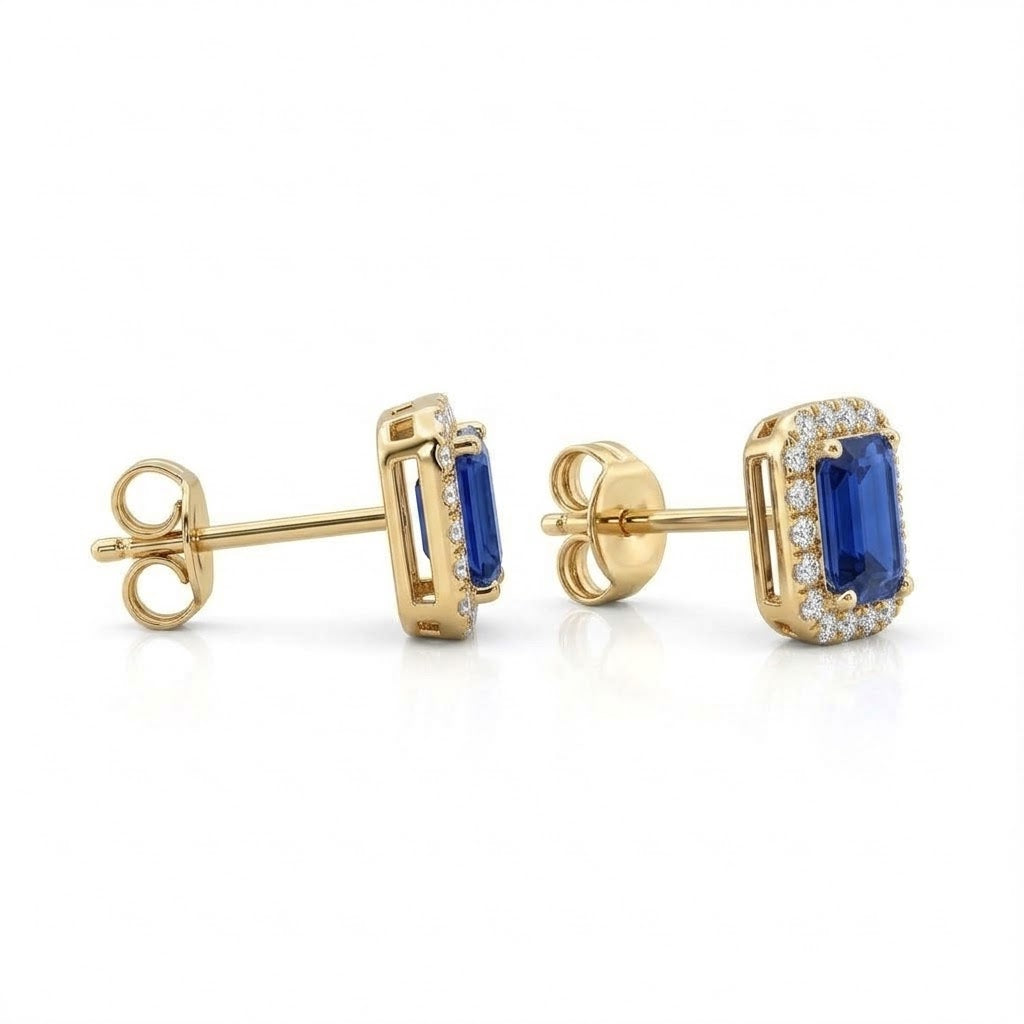 Cushion-Cut Blue Sapphire with Round Diamond Halo Stud Earrings in 14kt Yellow Gold