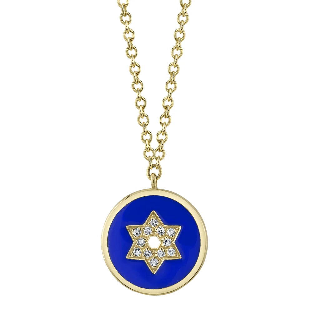  .03 TOTAL CARAT WEIGHT DIAMOND & BLUE ENAMEL STAR OF DAVID NECKLACE IN 14K YELLOW GOLD