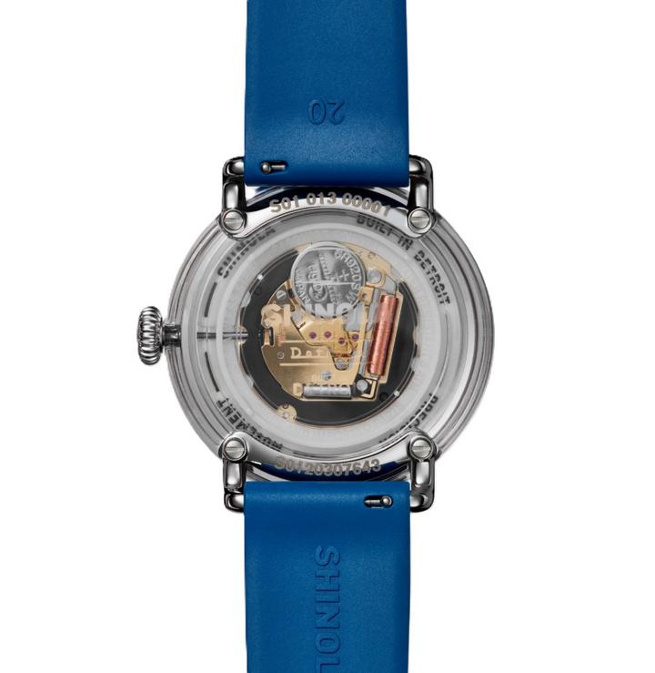 Detrola Watch | Shinola | TR90 Resin Case | 41MM Three-Hand Date | Blue Rubber Strap - Brownee Jewelers