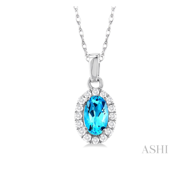 Oval Blue Topaz & Diamond Halo Pendant in 10K White Gold