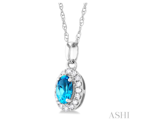 Oval Blue Topaz & Diamond Halo Pendant in 10K White Gold
