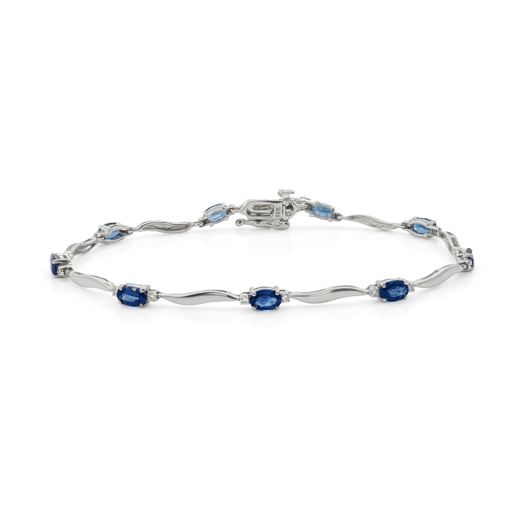 Oval Blue Sapphire Bracelet | 14K White Gold | Oval Sapphire & Diamond Link Bracelet | 2.97CT Sapphire & .14CT Diamond Accent - Brownee Jewelers