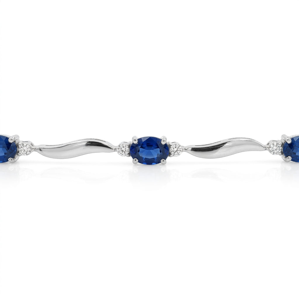 Oval Blue Sapphire Bracelet | 14K White Gold | Oval Sapphire & Diamond Link Bracelet | 2.97CT Sapphire & .14CT Diamond Accent - Brownee Jewelers