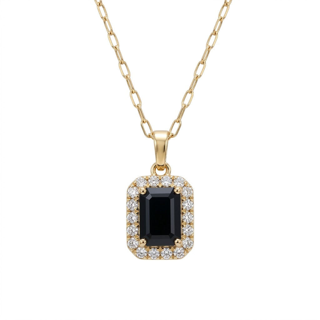 Cushion-Cut Blue Sapphire with Round Diamond Halo Necklace in 14kt Yellow Gold 