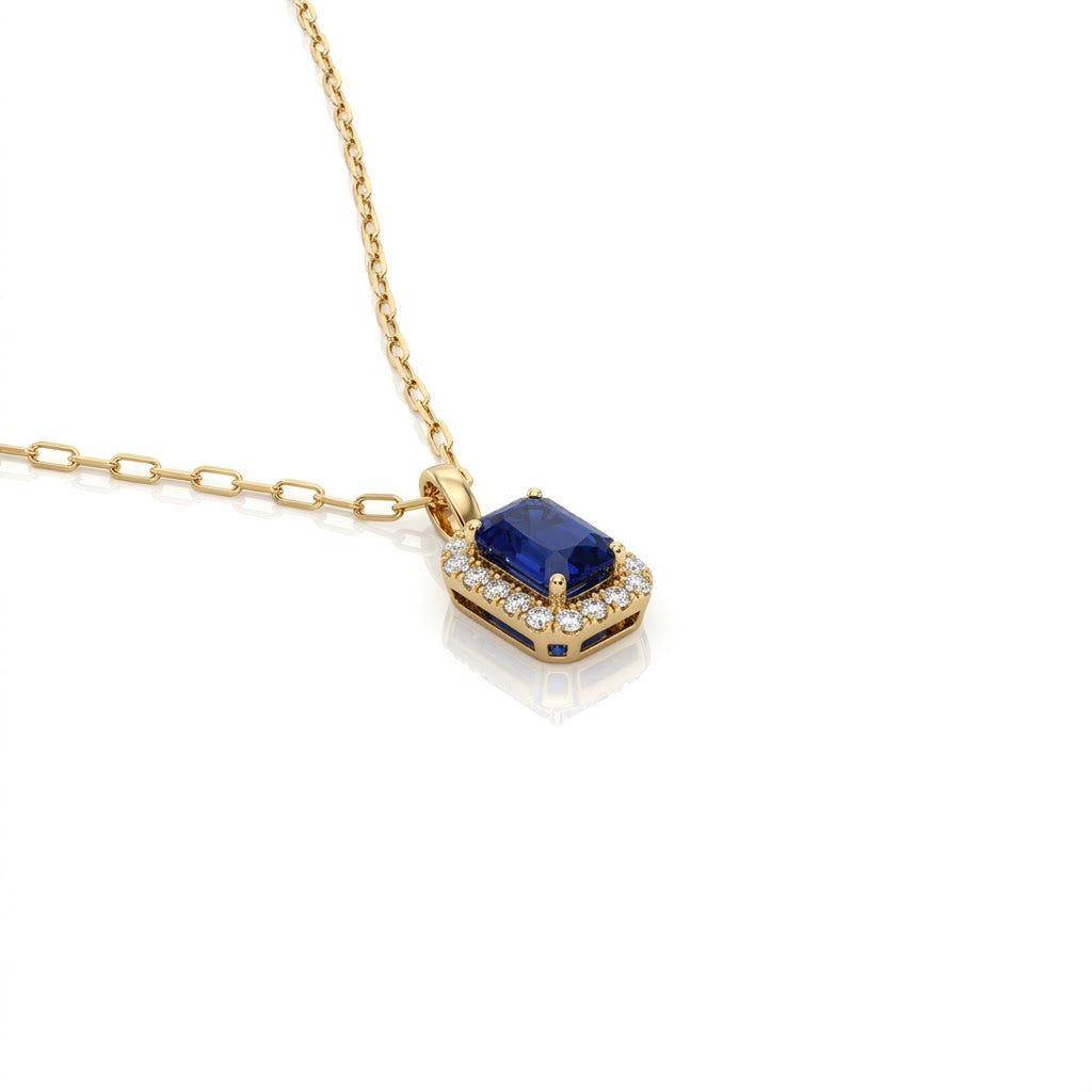 Cushion-Cut Blue Sapphire with Round Diamond Halo Necklace in 14kt Yellow Gold 