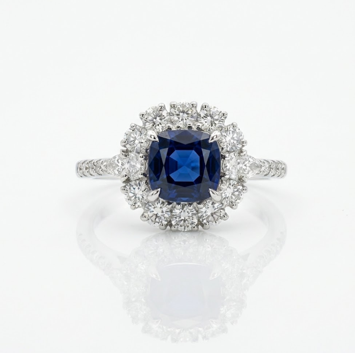 Cushion Blue Sapphire & Lab-Grown Diamond Halo Ring | 10K White Gold | 2.65 ctw | Halo Engagement Ring - Brownee Jewelers