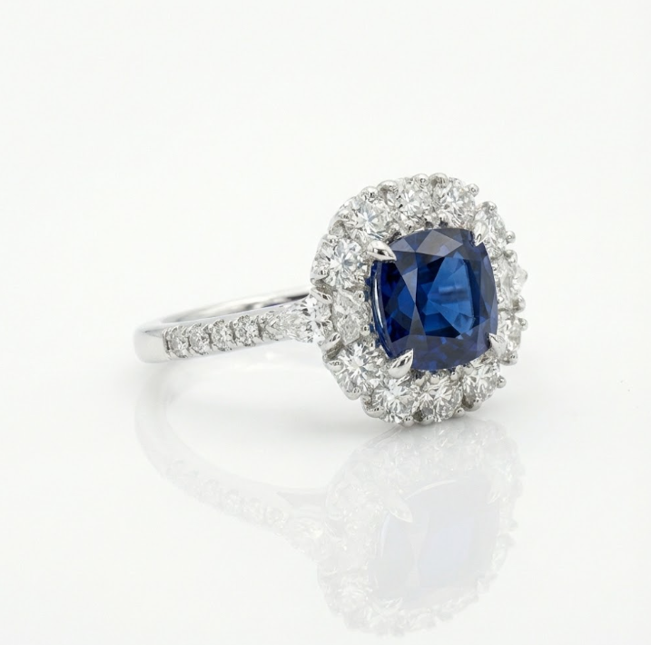 Cushion Blue Sapphire & Lab-Grown Diamond Halo Ring | 10K White Gold | 2.65 ctw | Halo Engagement Ring - Brownee Jewelers