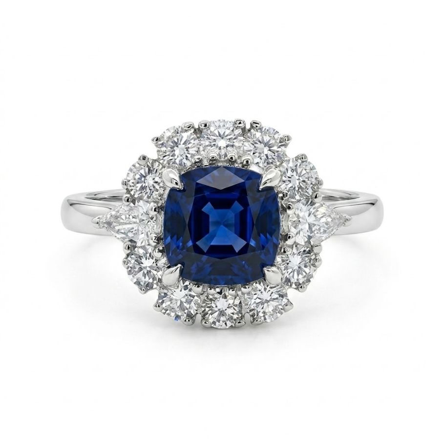 Cushion Blue Sapphire & Lab-Grown Diamond Halo Ring | 10K White Gold | 2.65 ctw | Halo Engagement Ring - Brownee Jewelers