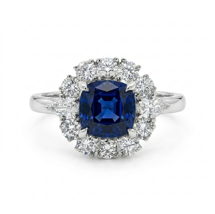 Cushion Blue Sapphire & Lab-Grown Diamond Halo Ring | 10K White Gold | 2.65 ctw | Halo Engagement Ring - Brownee Jewelers